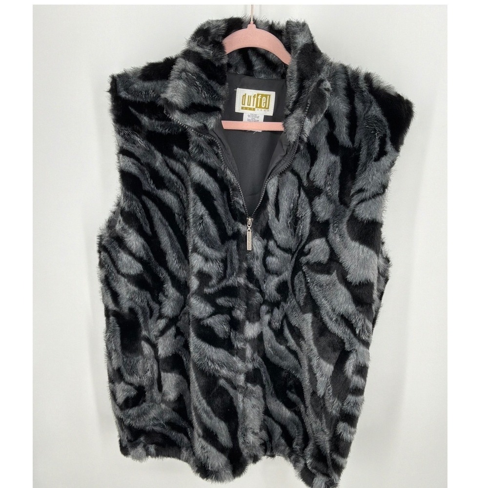 Duffel Medium Faux Fur Animal Print Zip Front Vest Gray Black Rocker Style